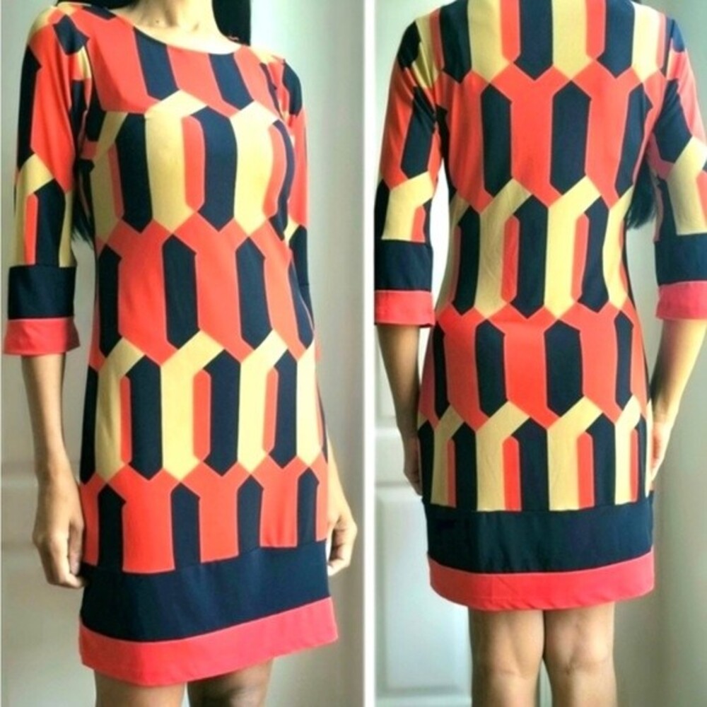 Enfocus Studio orange navy and tan geometric print sheath dress size 4